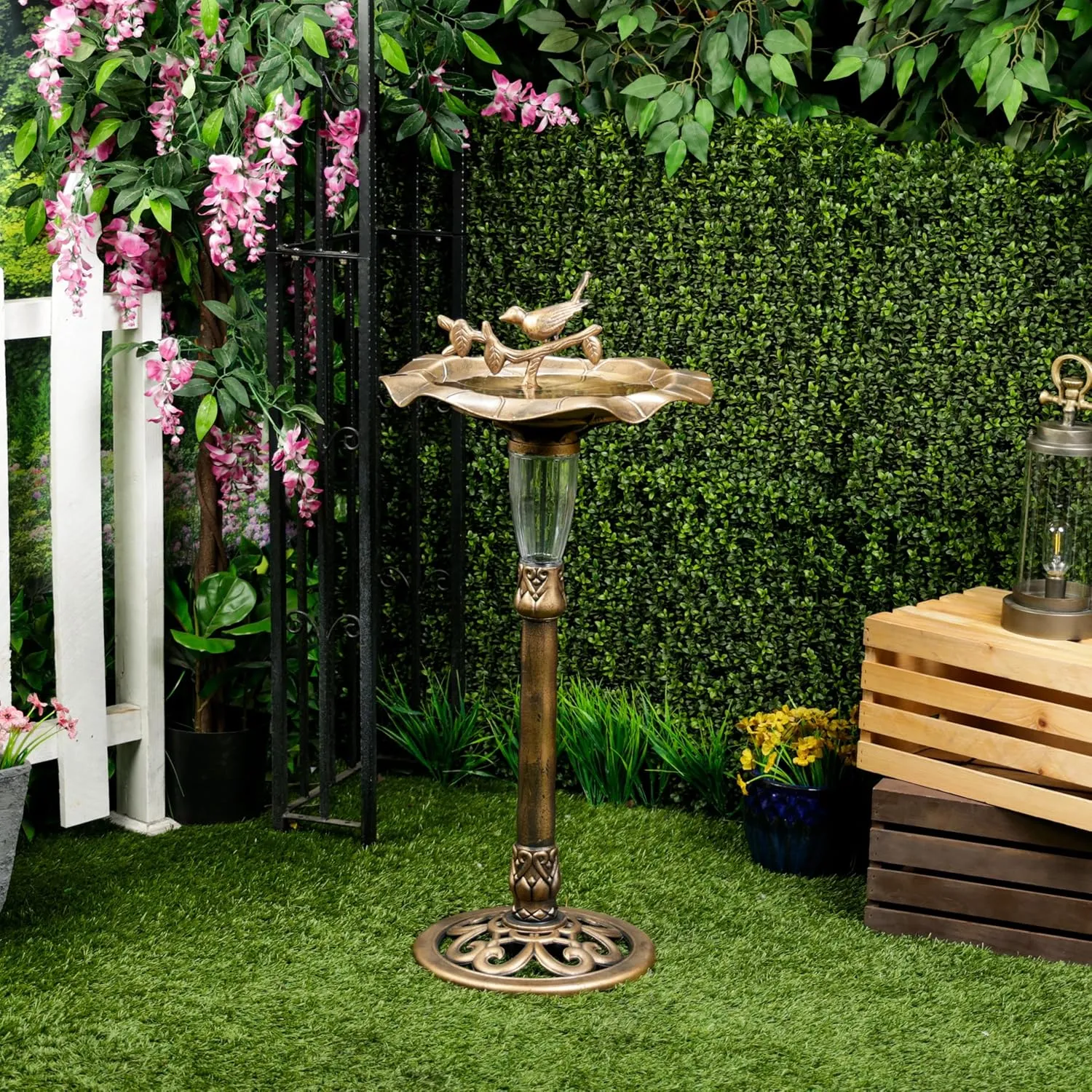 Alpine Corporation TEC316SLR Solar Birdbath with Birds and LED Light, LED Decor for Patio, Lawn & Garden, 41" H, Gold