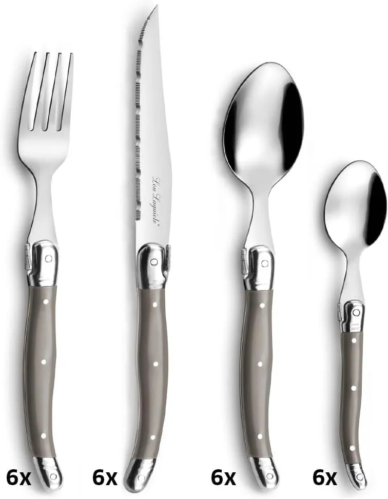 Amefa Lou Laguiole Tradition 24-Piece Vintage Taupe Stainless Steel Polypropylene Silverware Flatware Utensils Set - Silverware Set - Stainless Steel Flatware