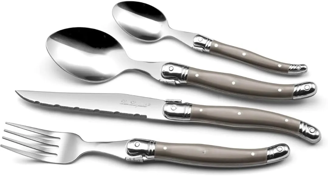 Amefa Lou Laguiole Tradition 24-Piece Vintage Taupe Stainless Steel Polypropylene Silverware Flatware Utensils Set - Silverware Set - Stainless Steel Flatware