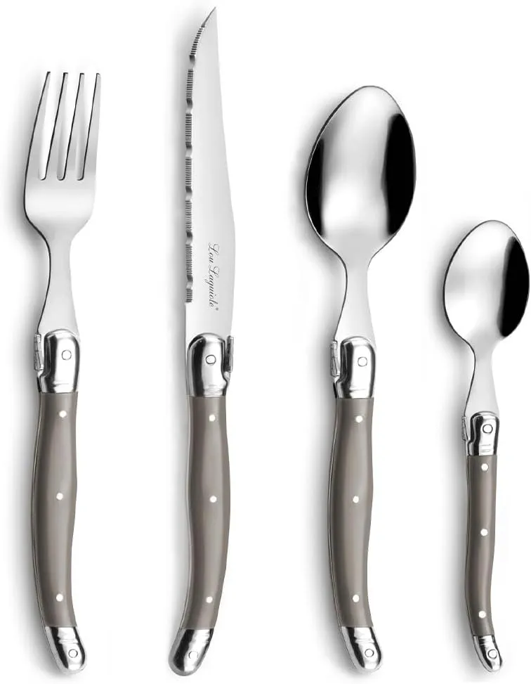 Amefa Lou Laguiole Tradition 24-Piece Vintage Taupe Stainless Steel Polypropylene Silverware Flatware Utensils Set - Silverware Set - Stainless Steel Flatware