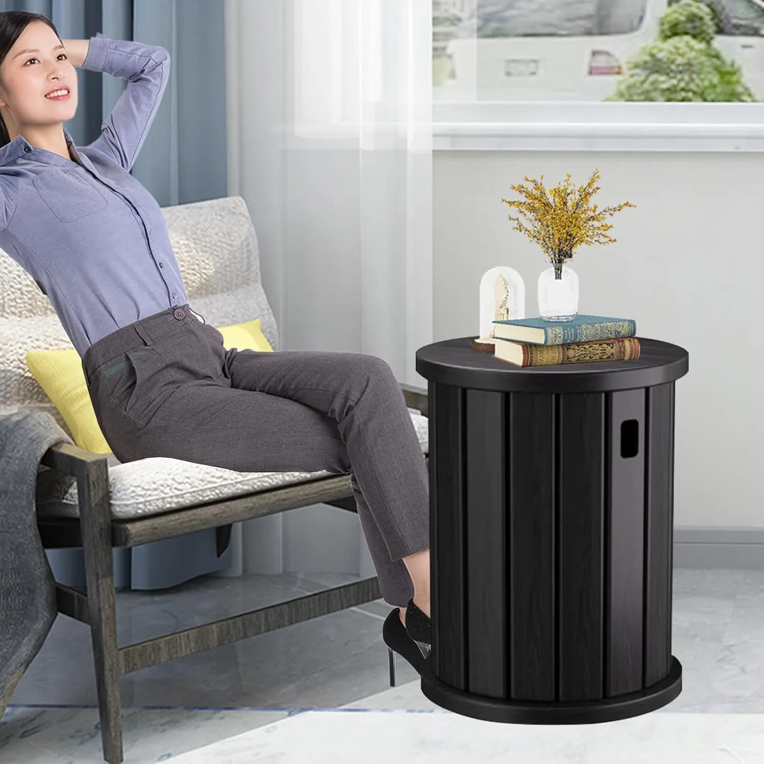 AMSXNOO Wood Stackable Stools, Bar Stools Set of 4 with Anti-Slip Pads, Nesting Side Table Coffee Table with Lift Holes for Kitchen Bedroom Home, No Assembly, Hold 220lbs (Black, 14.2x14.2x18.5in)
