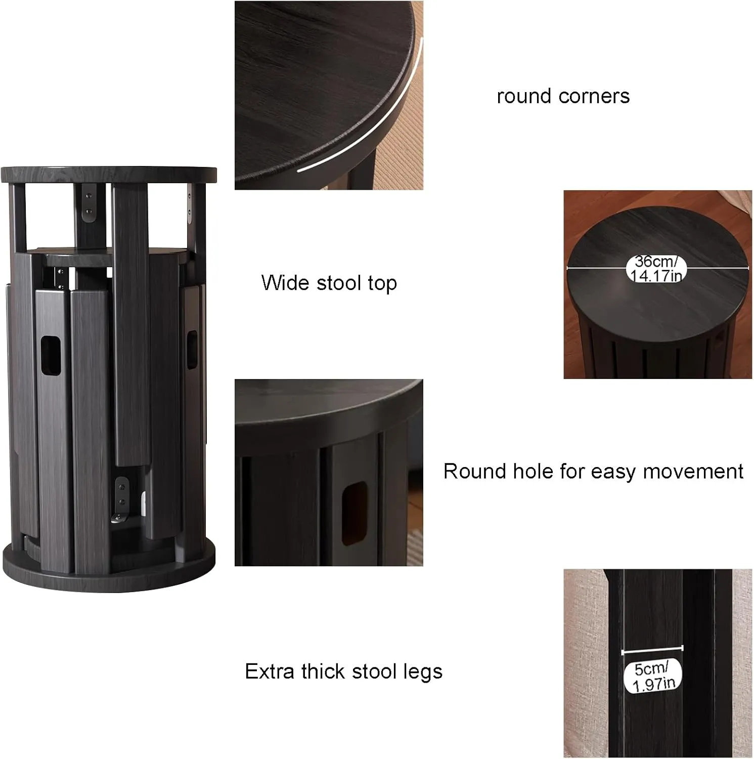 AMSXNOO Wood Stackable Stools, Bar Stools Set of 4 with Anti-Slip Pads, Nesting Side Table Coffee Table with Lift Holes for Kitchen Bedroom Home, No Assembly, Hold 220lbs (Black, 14.2x14.2x18.5in)