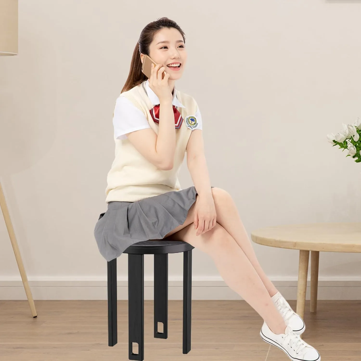AMSXNOO Wood Stackable Stools, Bar Stools Set of 4 with Anti-Slip Pads, Nesting Side Table Coffee Table with Lift Holes for Kitchen Bedroom Home, No Assembly, Hold 220lbs (Black, 14.2x14.2x18.5in)