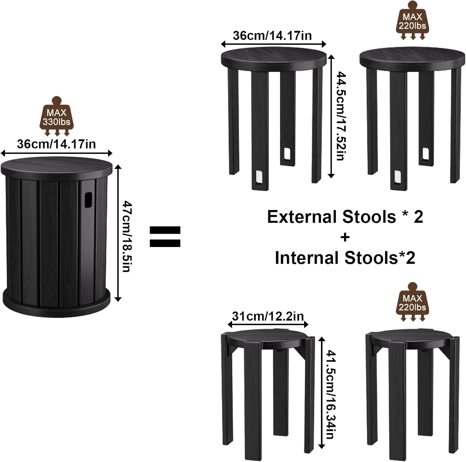AMSXNOO Wood Stackable Stools, Bar Stools Set of 4 with Anti-Slip Pads, Nesting Side Table Coffee Table with Lift Holes for Kitchen Bedroom Home, No Assembly, Hold 220lbs (Black, 14.2x14.2x18.5in)