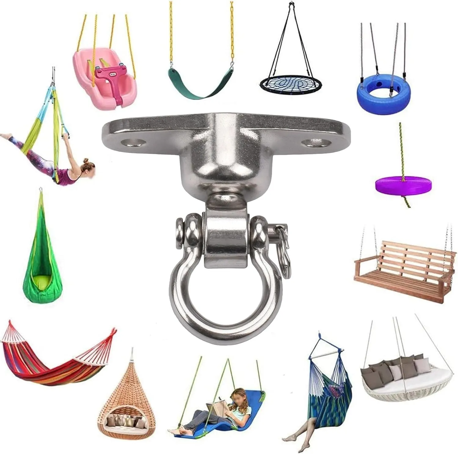 Antirust Swing Hanger Heavy Duty 360° 180°Rotation 1500LB Capacity Wood Playground Yoga Hammock Chair, Rope sandbag Porch Swing
