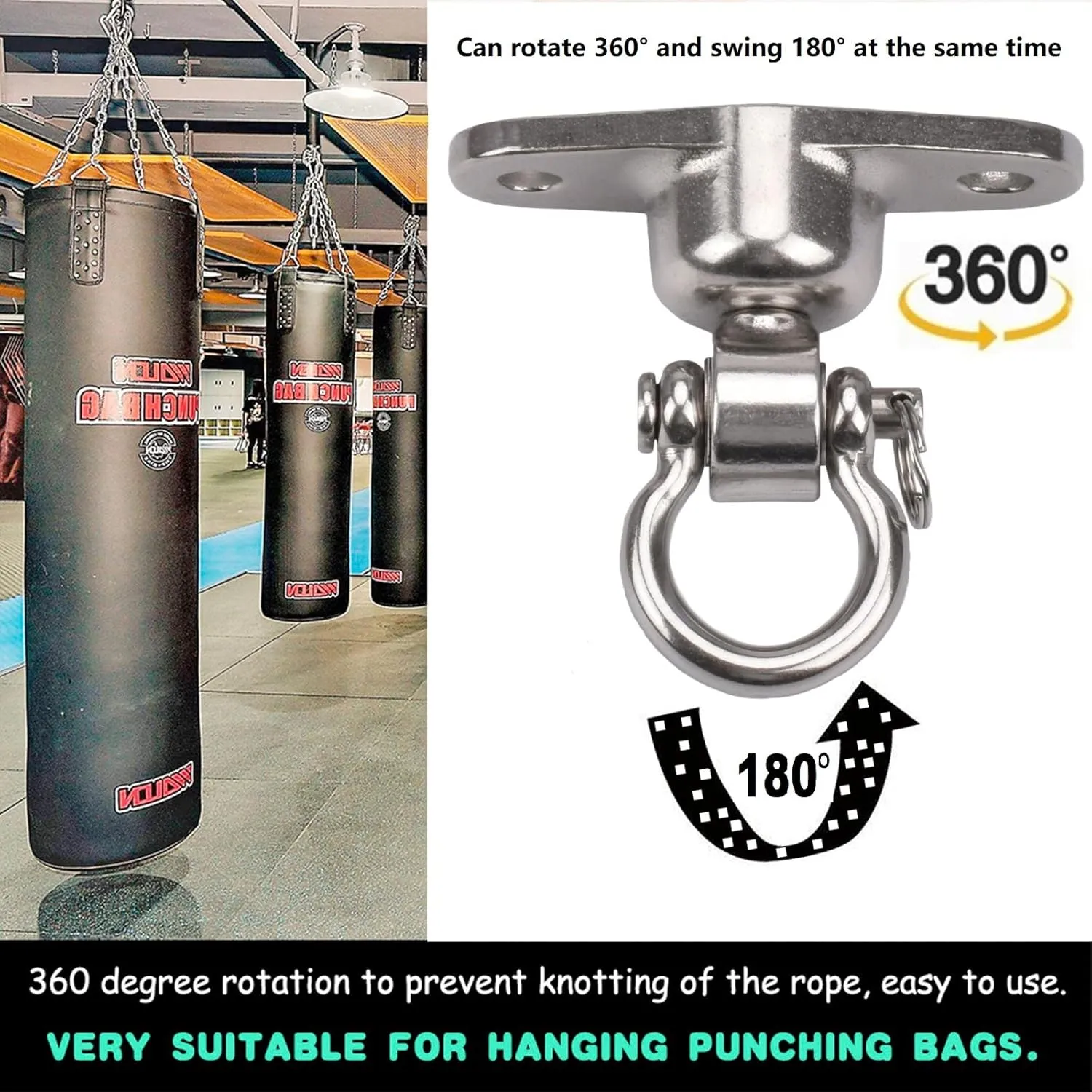 Antirust Swing Hanger Heavy Duty 360° 180°Rotation 1500LB Capacity Wood Playground Yoga Hammock Chair, Rope sandbag Porch Swing