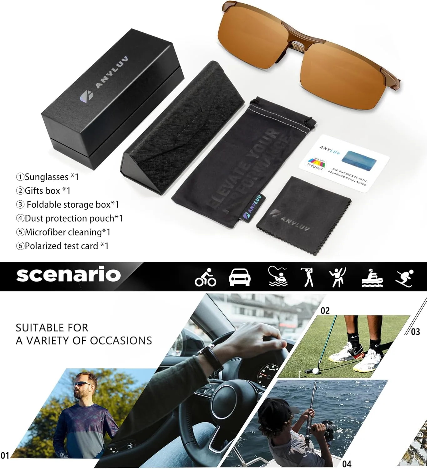 ANYLUV Polarized Sunglasses-Men Mens-Sunglasses Sport: Carbon Fiber Lightweight Sun Glasses Al-Mg UV400 Fishing Driving Golf