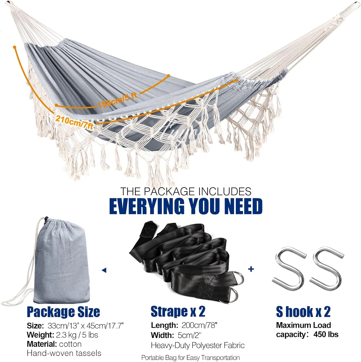ANYOO Hammock Garden Cotton Hammock Comfortable Fabric Elegant Deluxe Tassels Sturdy Swing Hammock Up to 450lbs Portable Hammock with Travel Bag for Porch Patio Yard Bedroom Outdoor/Indoor