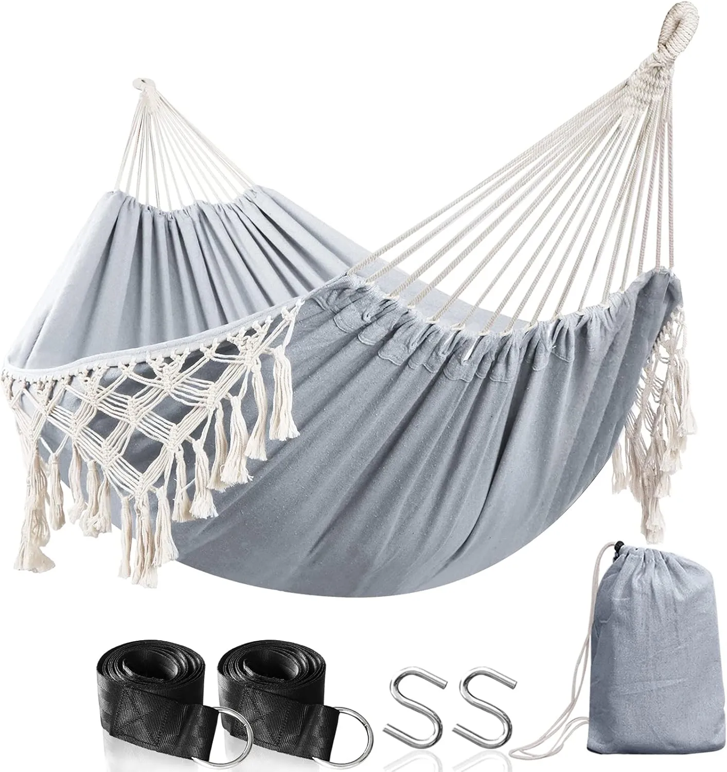 ANYOO Hammock Garden Cotton Hammock Comfortable Fabric Elegant Deluxe Tassels Sturdy Swing Hammock Up to 450lbs Portable Hammock with Travel Bag for Porch Patio Yard Bedroom Outdoor/Indoor