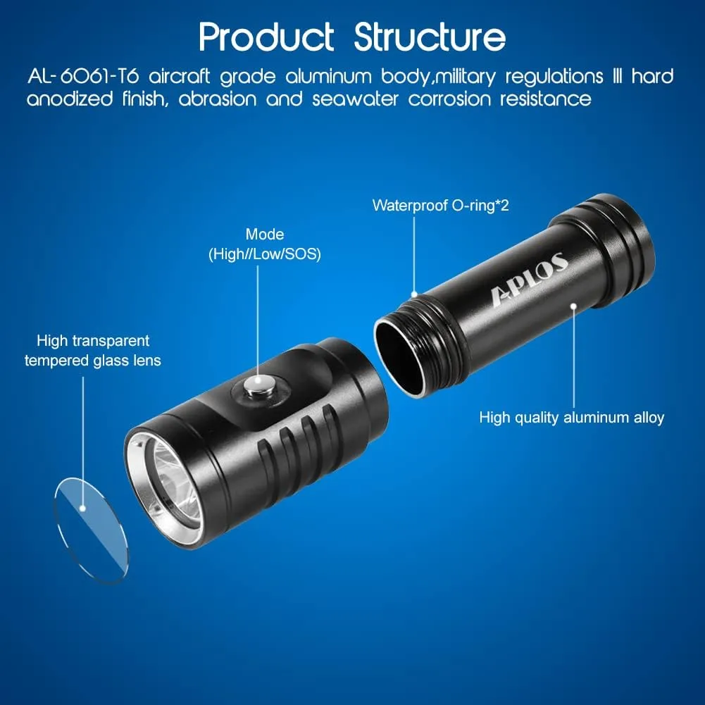 APLOS AP01 Diving Flashlight with Power Indicator, IPX8 Waterproof Professional Rechargable Dive Light