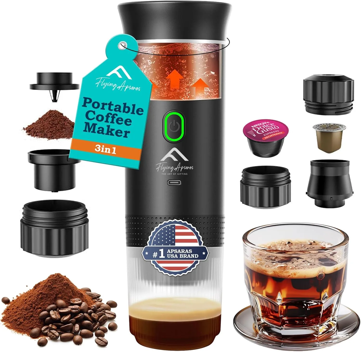 APSARAS USA Portable Coffee Maker, Portable Espresso Maker,20 bar Mini Espresso Machine, 3in1 Electric Espresso Maker, Travel Coffee Maker with Ground Coffee & Capsule(Ns&DG) for RV, Camping, Car