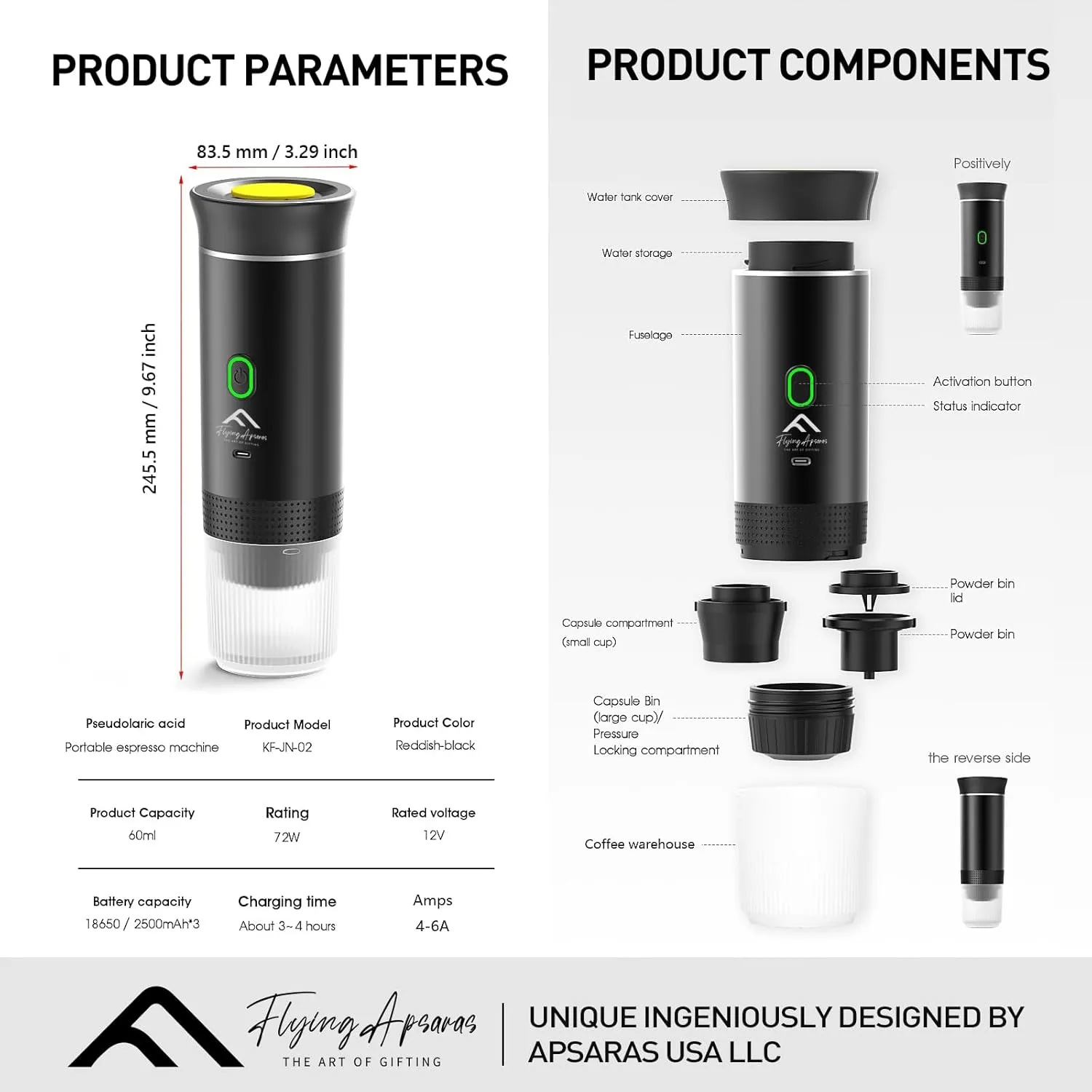 APSARAS USA Portable Coffee Maker, Portable Espresso Maker,20 bar Mini Espresso Machine, 3in1 Electric Espresso Maker, Travel Coffee Maker with Ground Coffee & Capsule(Ns&DG) for RV, Camping, Car