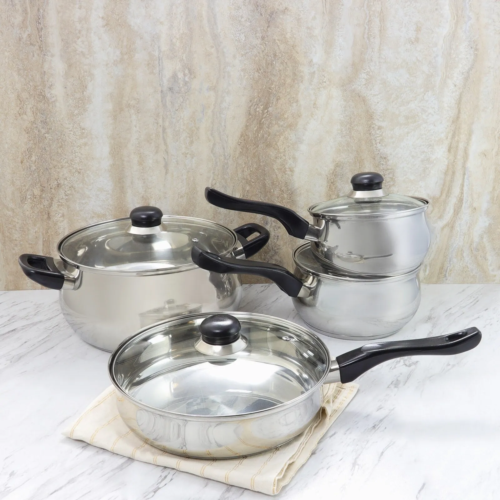 Arezzo 8 Piece Stainless Steel Glass Lids Kitchen Cookware Set with Stay Cool Handle