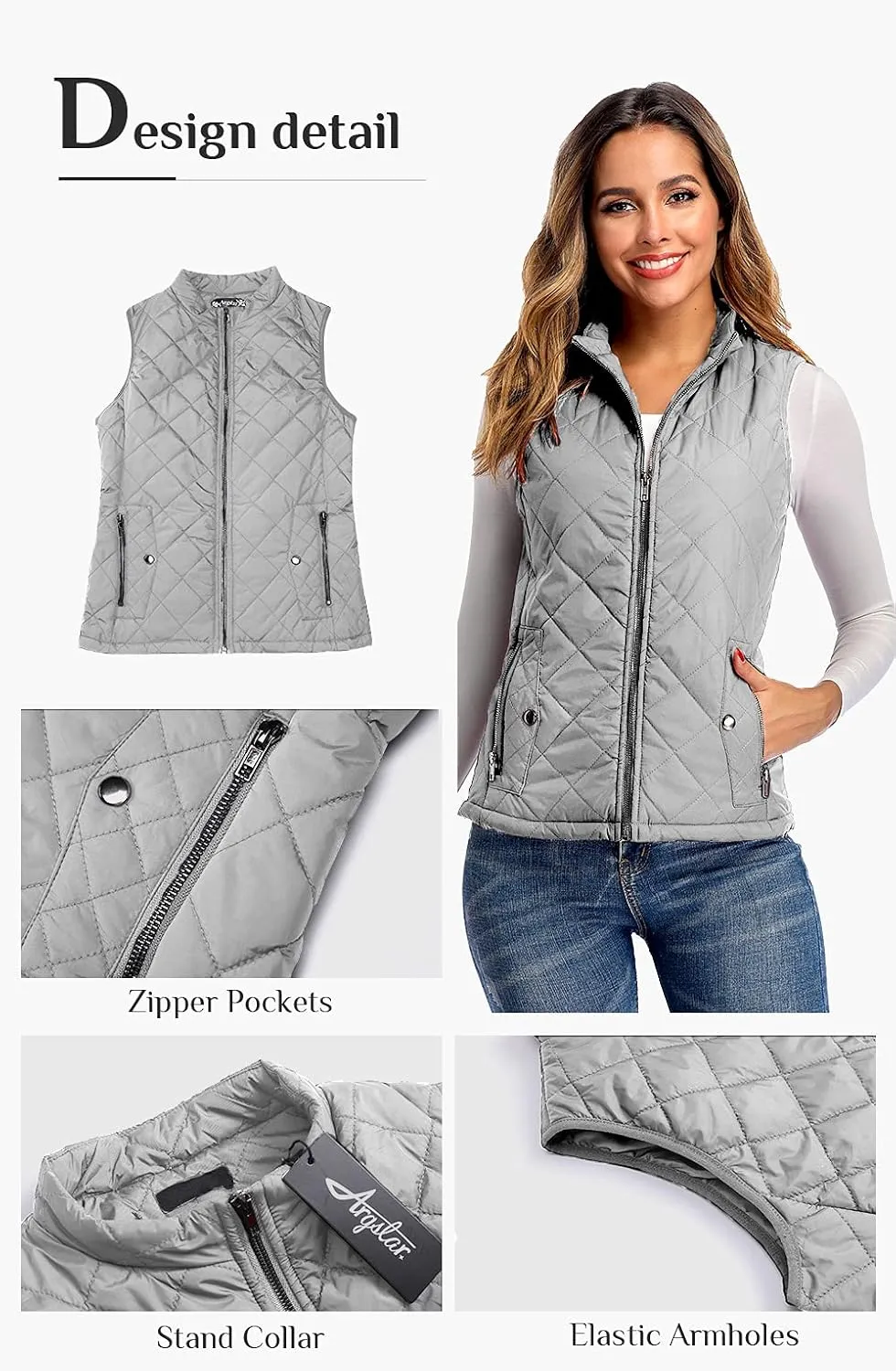 Argstar Women's Vest, Quilted Lightweight Zip Pockets Padded Gilet (XS-2XL)