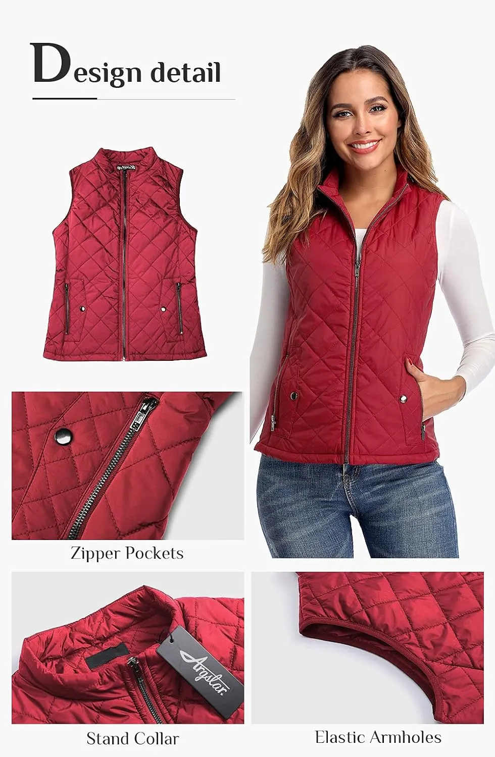 Argstar Women's Vest, Quilted Lightweight Zip Pockets Padded Gilet (XS-2XL)