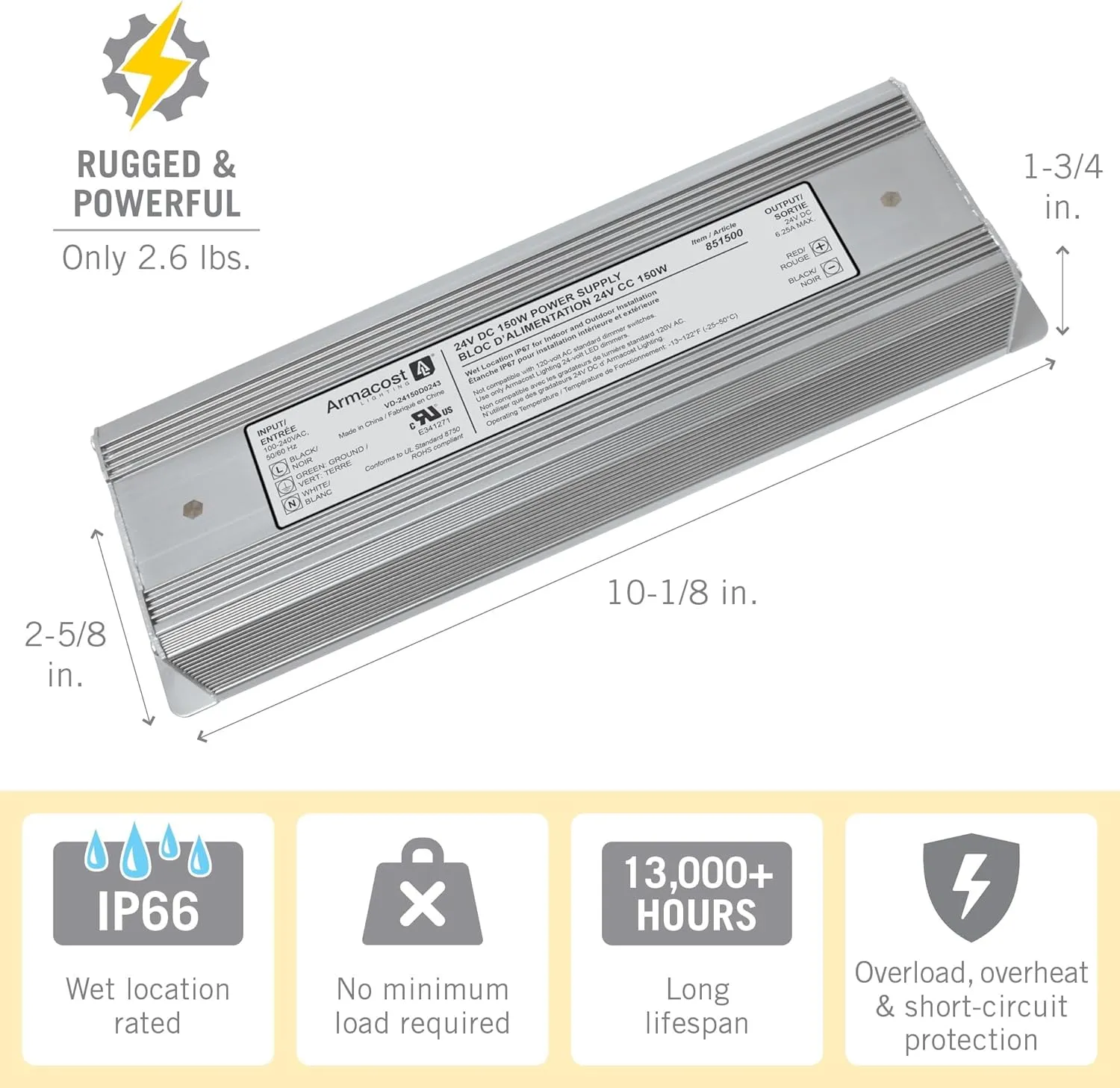 Armacost Lighting 851500 150 Watt, 24V DC LED Power Supply, Silver