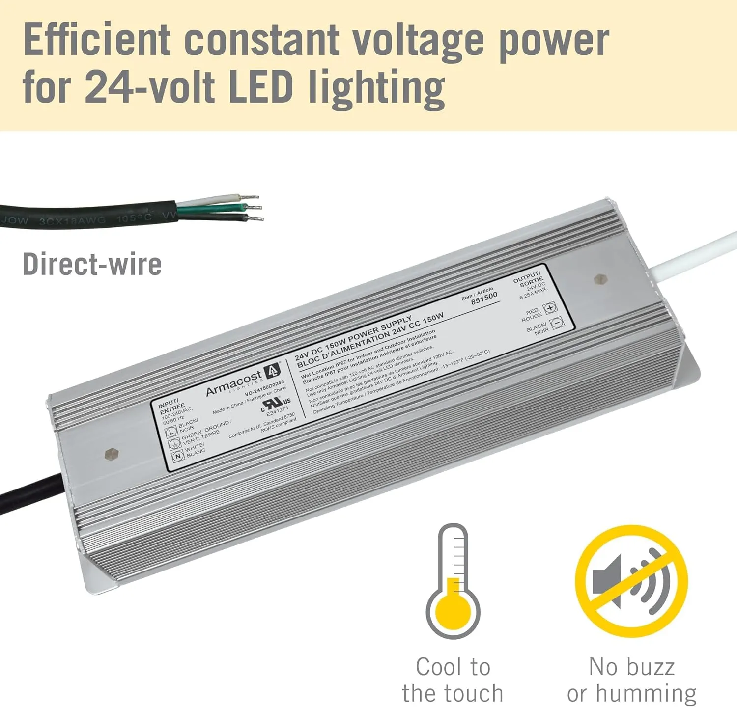 Armacost Lighting 851500 150 Watt, 24V DC LED Power Supply, Silver