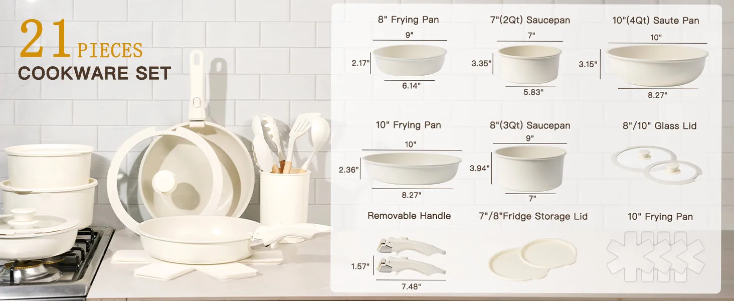Astercook 21 Pcs Pots and Pans Set Non Stick, Ceramic Cookware Set Detachable Handle, RV Kitchen Cooking Set Removable Handles, Oven Safe, Induction Ready, Stackable Non-stick Set, Cream White
