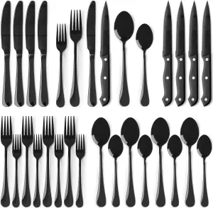Astercook 24-Piece Black Silverware Set with Steak Knives Flatware Set for 4 Food-Grade Stainless Steel Cutlery Set Mirror Polished Utensils Set Include Spoons and Forks for Home Kitchen Restaurant