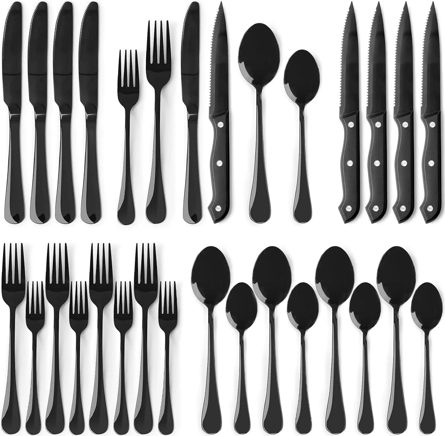 Astercook 24-Piece Black Silverware Set with Steak Knives Flatware Set for 4 Food-Grade Stainless Steel Cutlery Set Mirror Polished Utensils Set Include Spoons and Forks for Home Kitchen Restaurant
