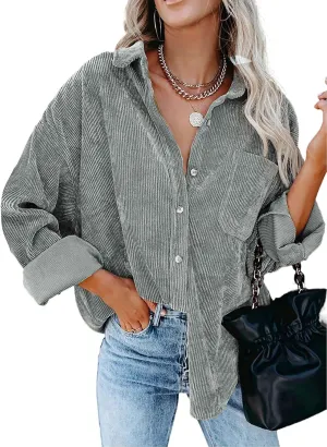 Astylish Women Corduroy Shirts Casual Long Sleeve Button Down Blouses Top