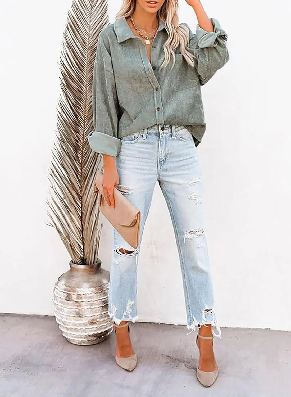 Astylish Women Corduroy Shirts Casual Long Sleeve Button Down Blouses Top