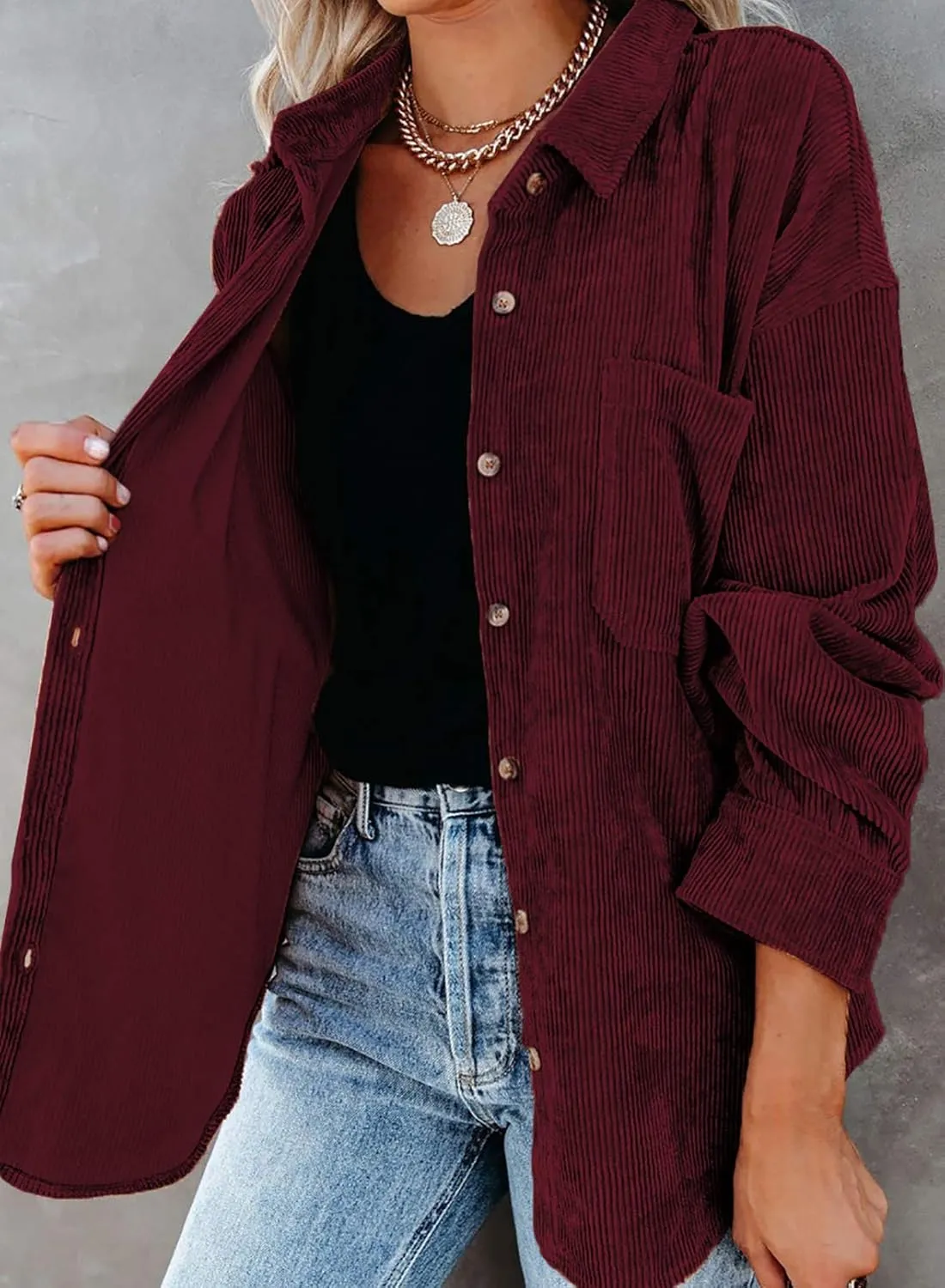 Astylish Women Corduroy Shirts Casual Long Sleeve Button Down Blouses Top