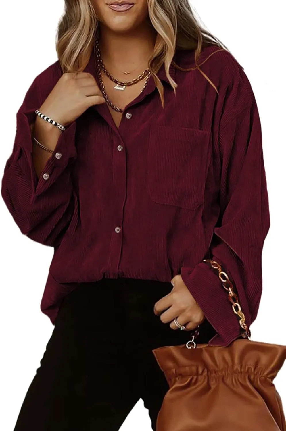 Astylish Women Corduroy Shirts Casual Long Sleeve Button Down Blouses Top
