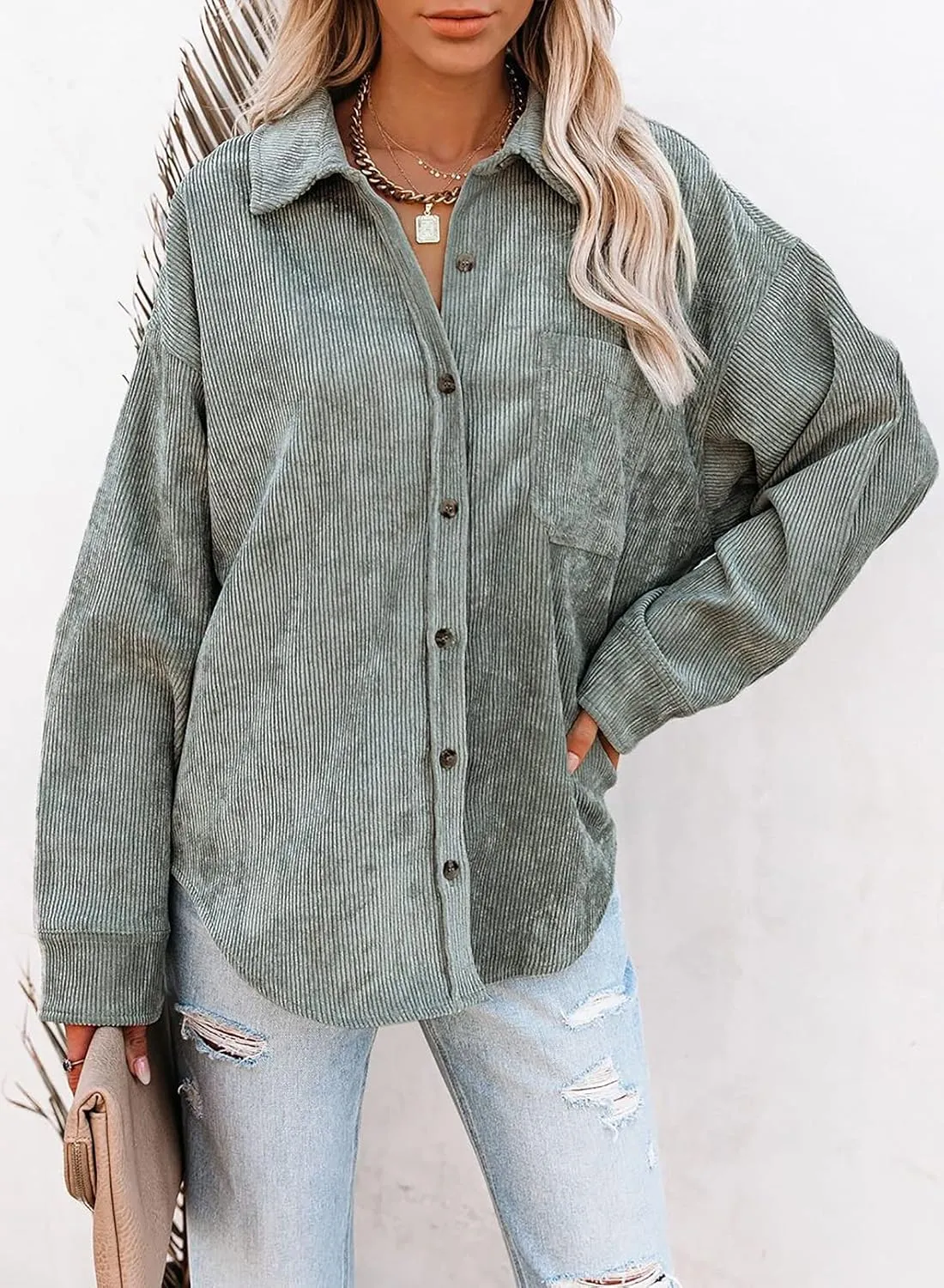 Astylish Women Corduroy Shirts Casual Long Sleeve Button Down Blouses Top