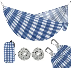 ATTX Blue & White Gingham Camping Hammock - Lightweight & Portable Hammocks, Heavy Duty 330lbs Capacity for Indoor, Hiking, Backpacking, Travel, Backyard, Beach#225