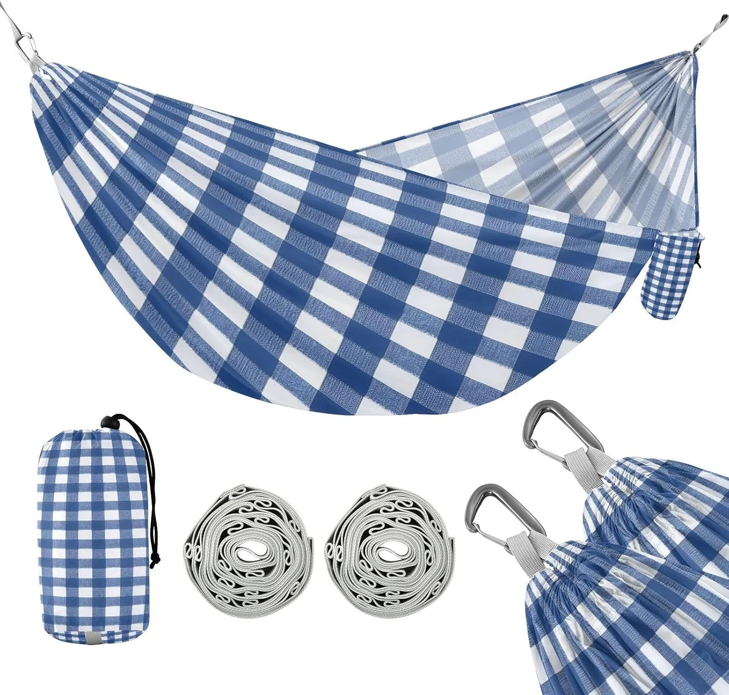 ATTX Blue & White Gingham Camping Hammock - Lightweight & Portable Hammocks, Heavy Duty 330lbs Capacity for Indoor, Hiking, Backpacking, Travel, Backyard, Beach#225