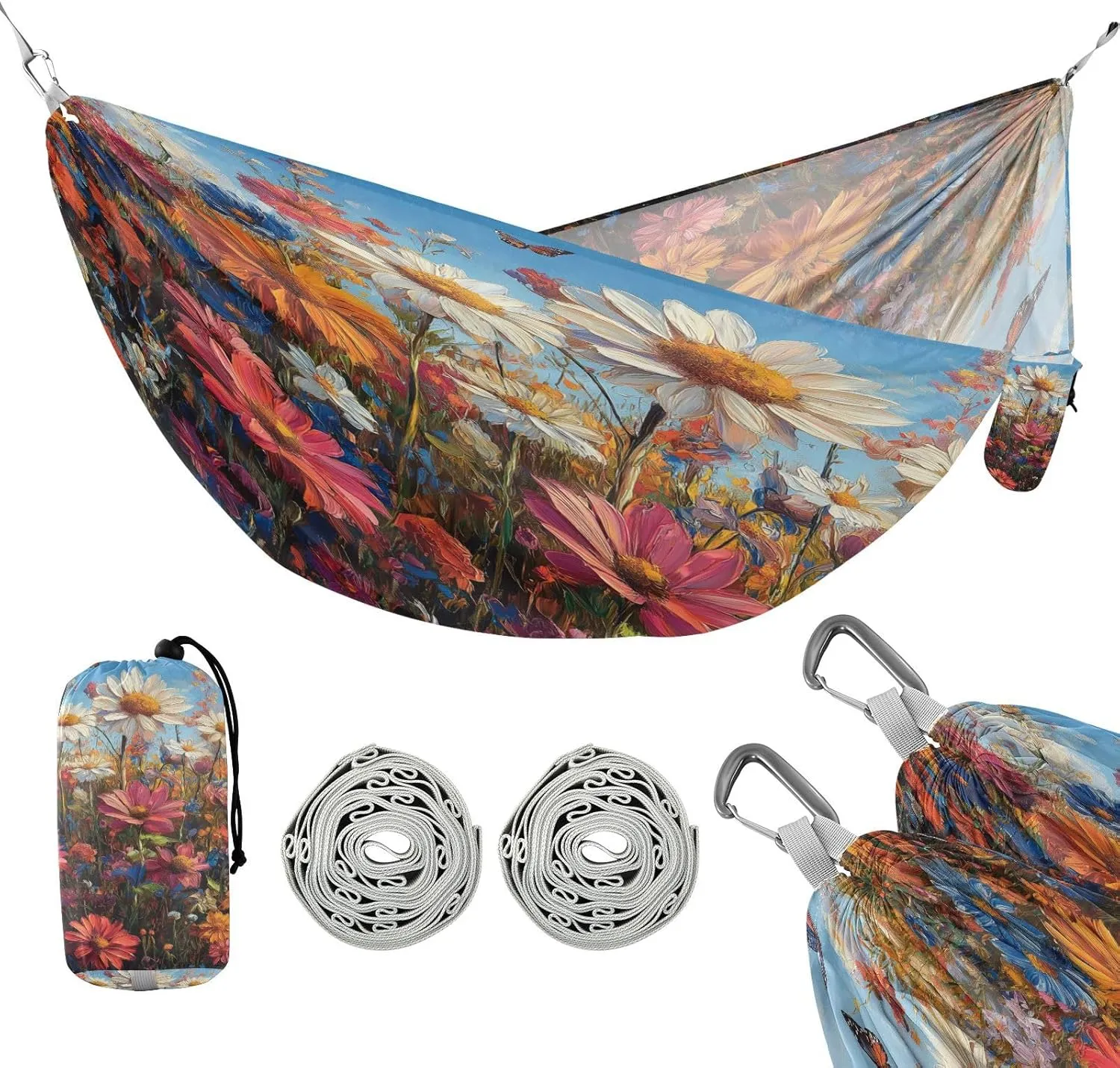 ATTX Colorful Wildflowers Meadow Camping Hammock - Lightweight & Portable Hammocks, Heavy Duty 330lbs Capacity for Indoor, Hiking, Backpacking, Travel, Backyard, Beach#595