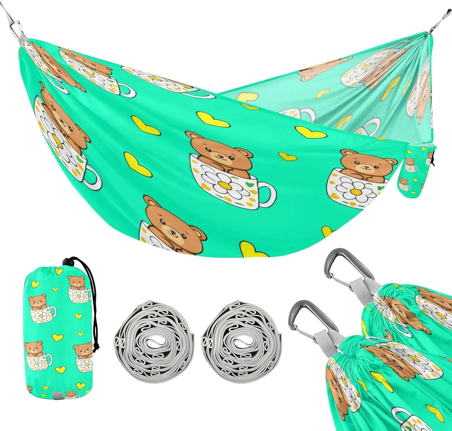 ATTX Cute Kawaii Bears Camping Hammock - Lightweight & Portable Hammocks, Heavy Duty 330lbs Capacity for Indoor, Hiking, Backpacking, Travel, Backyard, Beach#207