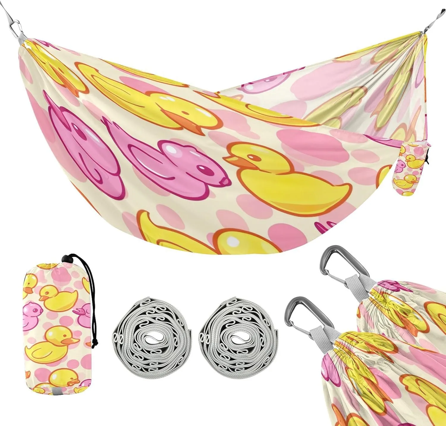 ATTX Yellow Pink Ducks Camping Hammock - Lightweight & Portable Hammocks, Heavy Duty 330lbs Capacity for Indoor, Hiking, Backpacking, Travel, Backyard, Beach#499