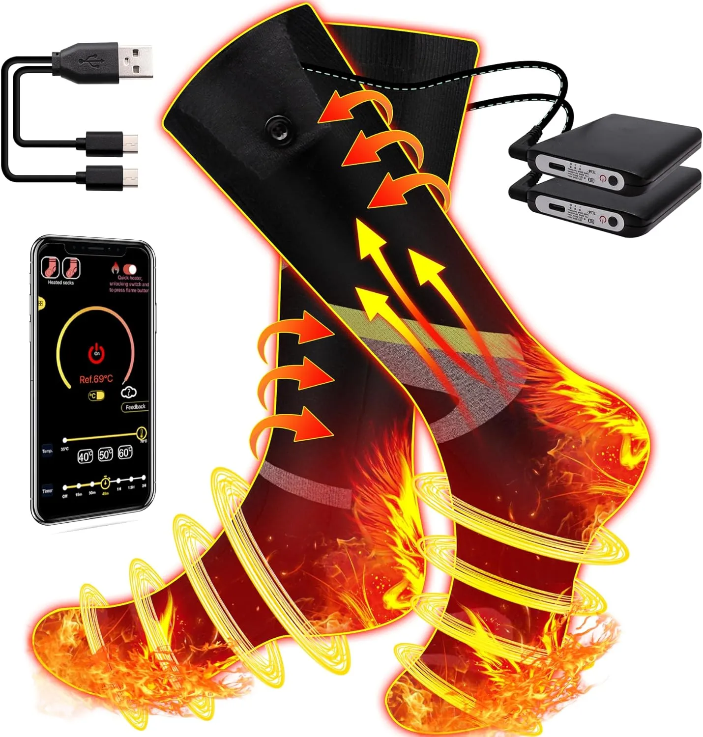 Autocastle Heated Socks for Men Women Rechargeable 5000mAh Battery Heating Socks APP Control Winter Warm Thermal Socks Washable Electric Foot Warmers for Hunting Camping Skiing Hiking Outdoors