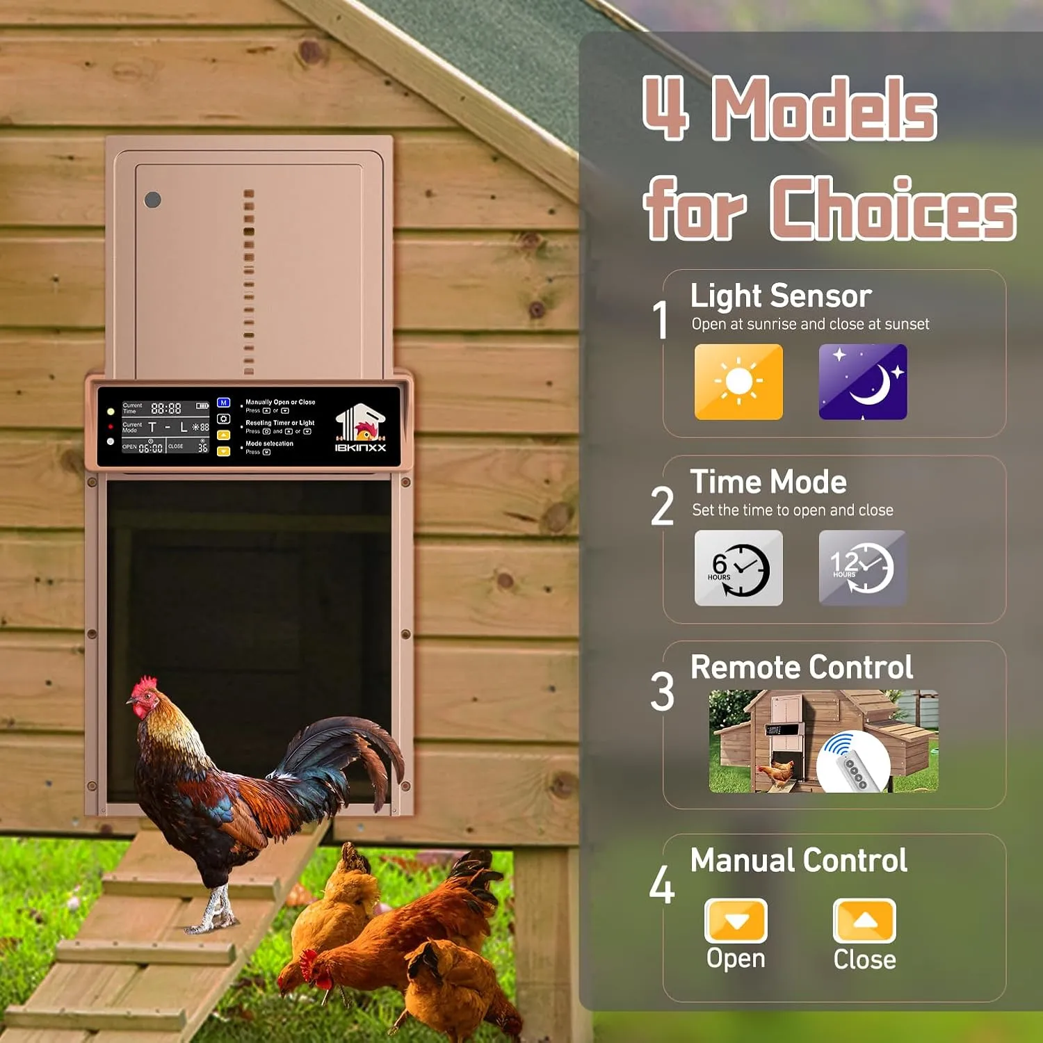 Automatic Chicken Coop Door Solar Powered with Timer & Light Sensor, LCD Display, Remote Control, 4 Modes Aluminum Alloy Auto Chicken Coop Door Solar, Anti-Pinch & Weather Proof, Gold