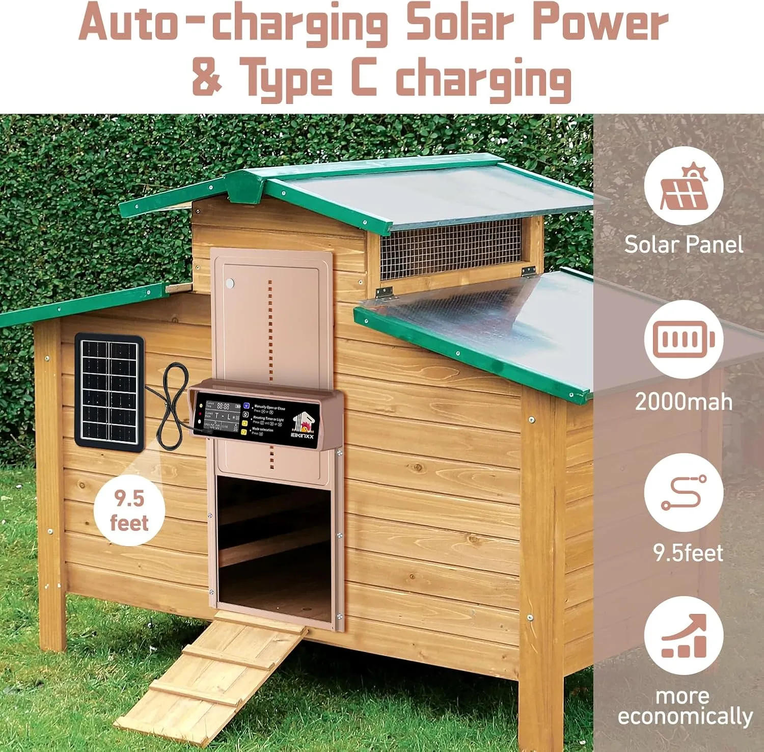 Automatic Chicken Coop Door Solar Powered with Timer & Light Sensor, LCD Display, Remote Control, 4 Modes Aluminum Alloy Auto Chicken Coop Door Solar, Anti-Pinch & Weather Proof, Gold