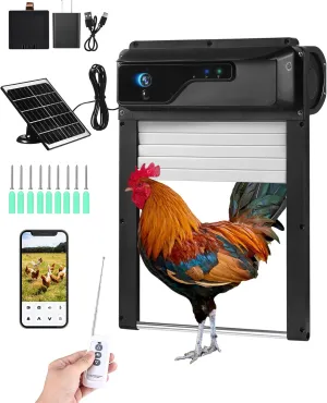 Automatic Chicken Coop Door with HD Camera, Solar Powered, 5000mAh Battery, WiFi Enabled, APP-Based Monitoring, Remote Control and Timer, with Anti-Trap Sensor and Alarm Drive(Black)