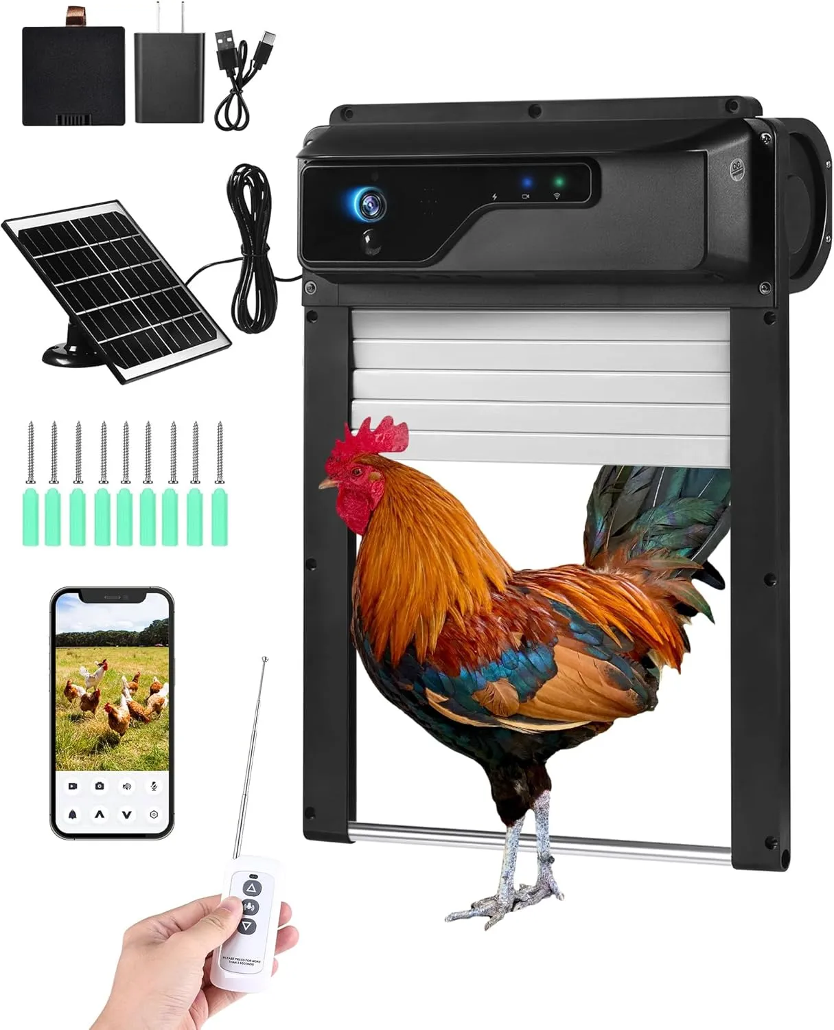 Automatic Chicken Coop Door with HD Camera, Solar Powered, 5000mAh Battery, WiFi Enabled, APP-Based Monitoring, Remote Control and Timer, with Anti-Trap Sensor and Alarm Drive(Black)