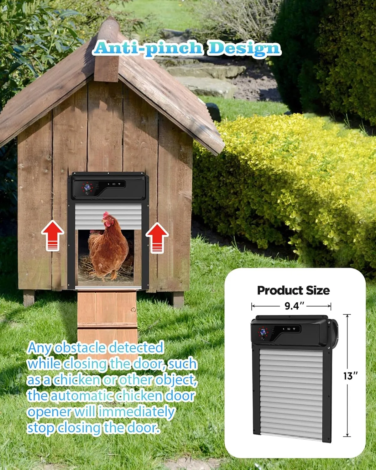 Automatic Chicken Coop Door with HD Camera, Solar Powered, 5000mAh Battery, WiFi Enabled, APP-Based Monitoring, Remote Control and Timer, with Anti-Trap Sensor and Alarm Drive(Black)