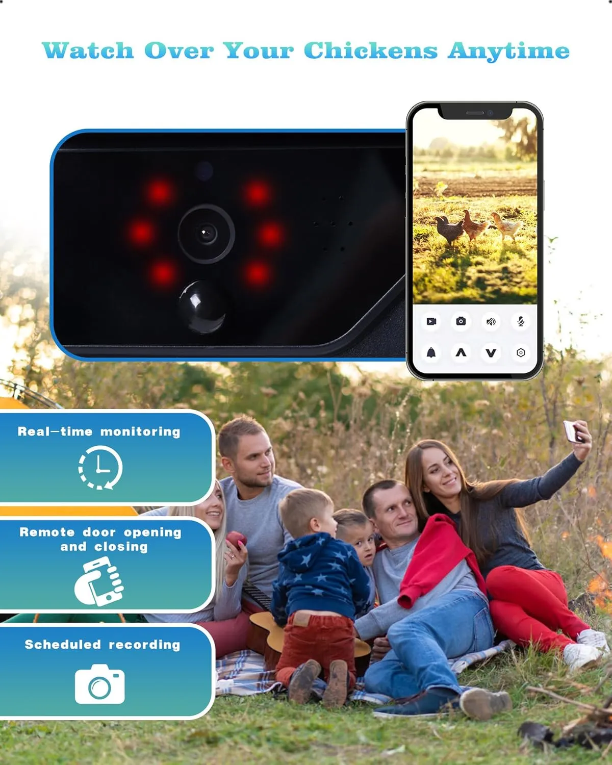 Automatic Chicken Coop Door with HD Camera, Solar Powered, 5000mAh Battery, WiFi Enabled, APP-Based Monitoring, Remote Control and Timer, with Anti-Trap Sensor and Alarm Drive(Black)