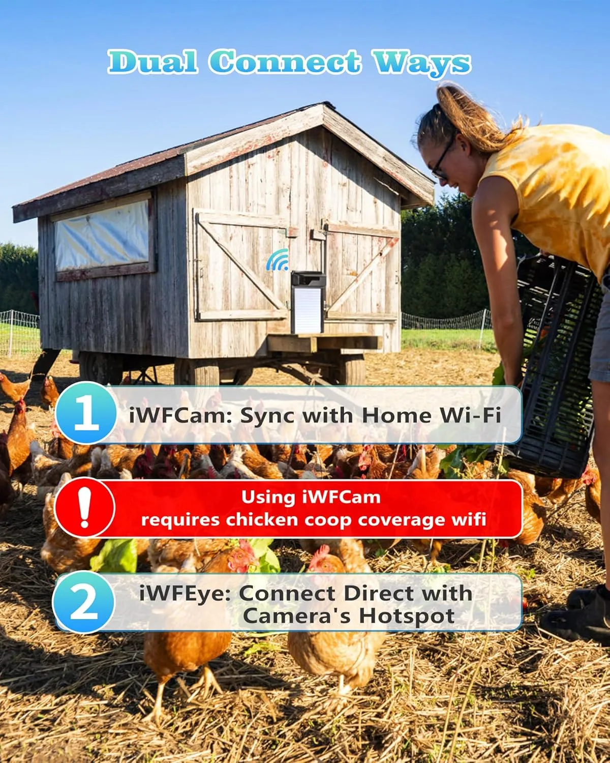 Automatic Chicken Coop Door with HD Camera, Solar Powered, 5000mAh Battery, WiFi Enabled, APP-Based Monitoring, Remote Control and Timer, with Anti-Trap Sensor and Alarm Drive(Black)