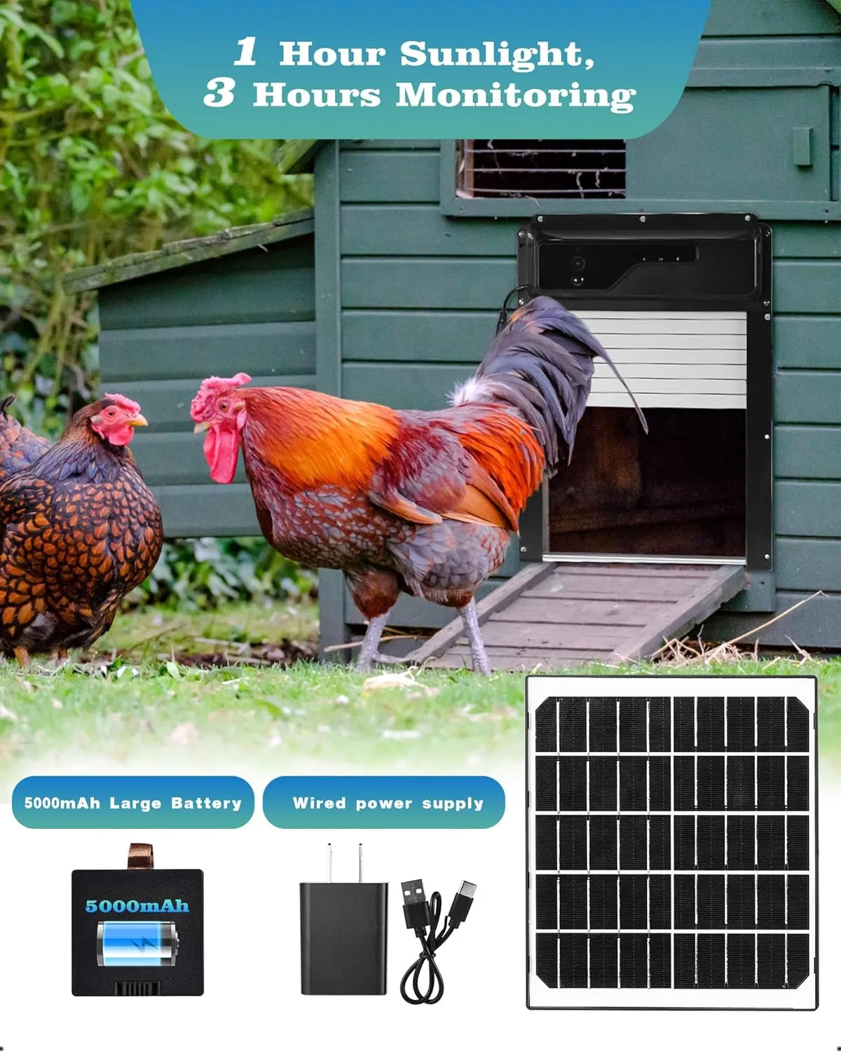 Automatic Chicken Coop Door with HD Camera, Solar Powered, 5000mAh Battery, WiFi Enabled, APP-Based Monitoring, Remote Control and Timer, with Anti-Trap Sensor and Alarm Drive(Black)