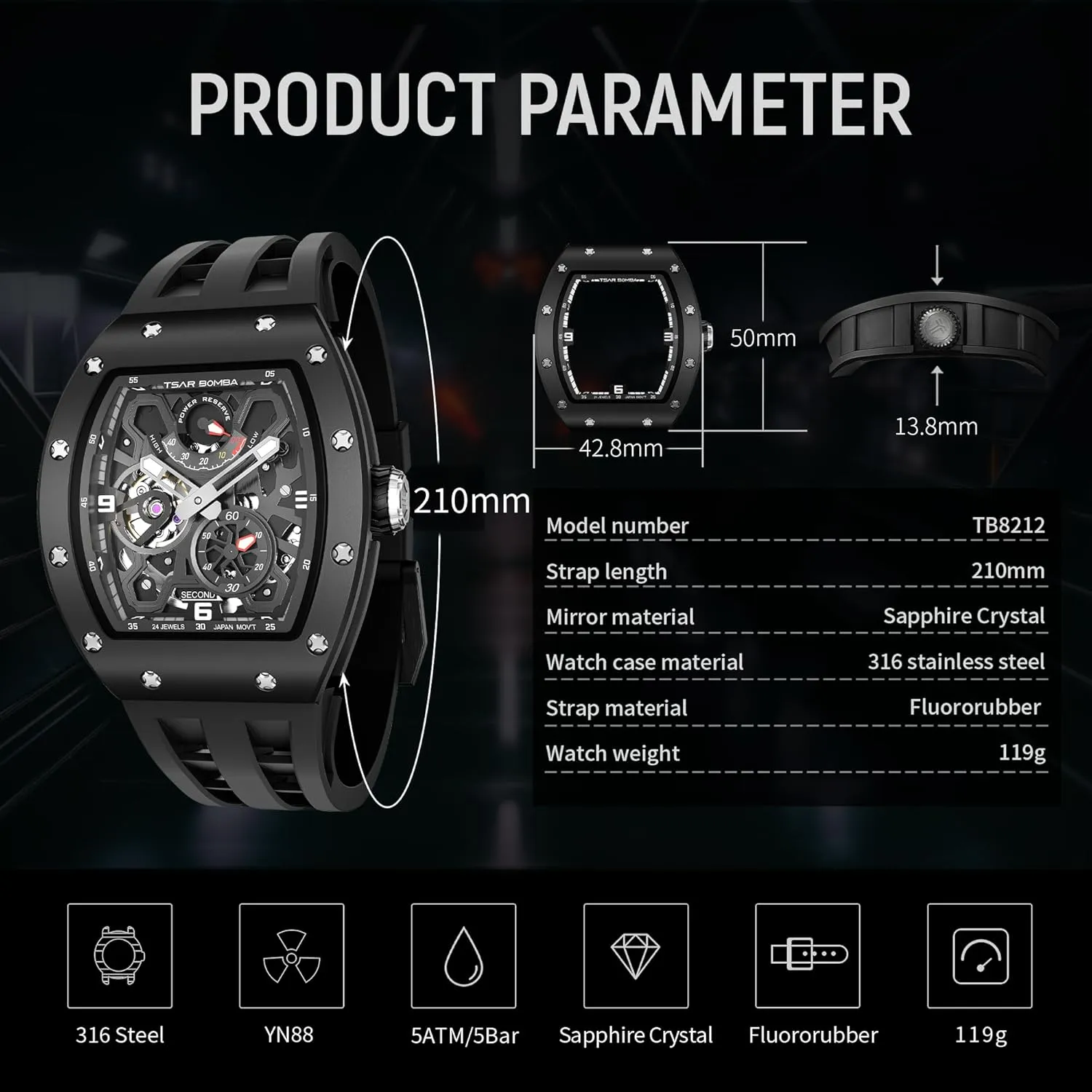 Automatic Watch for Men Mechanical Skeleton Watch, 50M Waterproof Power Reserve Mens Watches Unique Gifts for Men