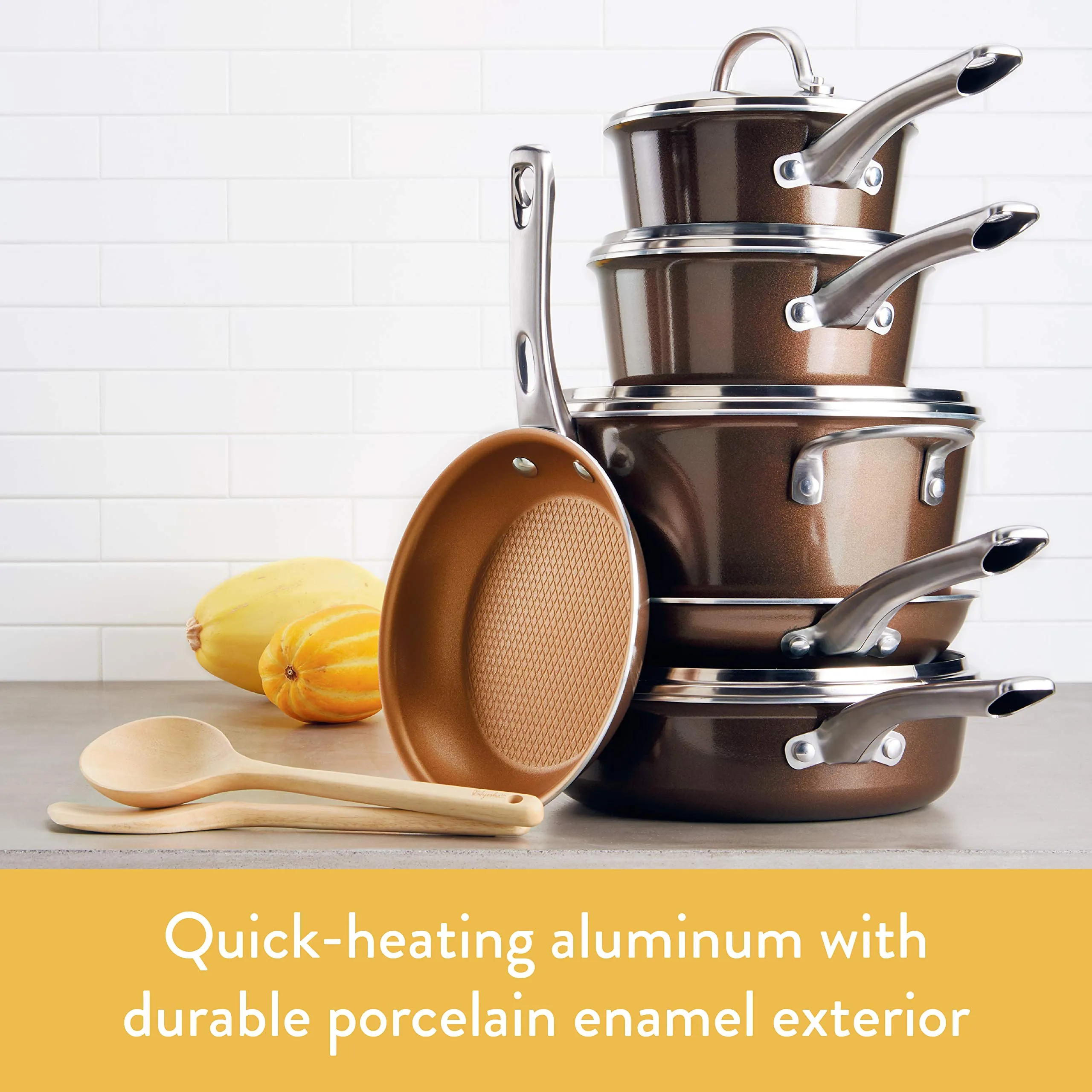 Ayesha Curry Home Collection Nonstick Sauce Pan/Saucepan with Lid, 3 Quart, Brown