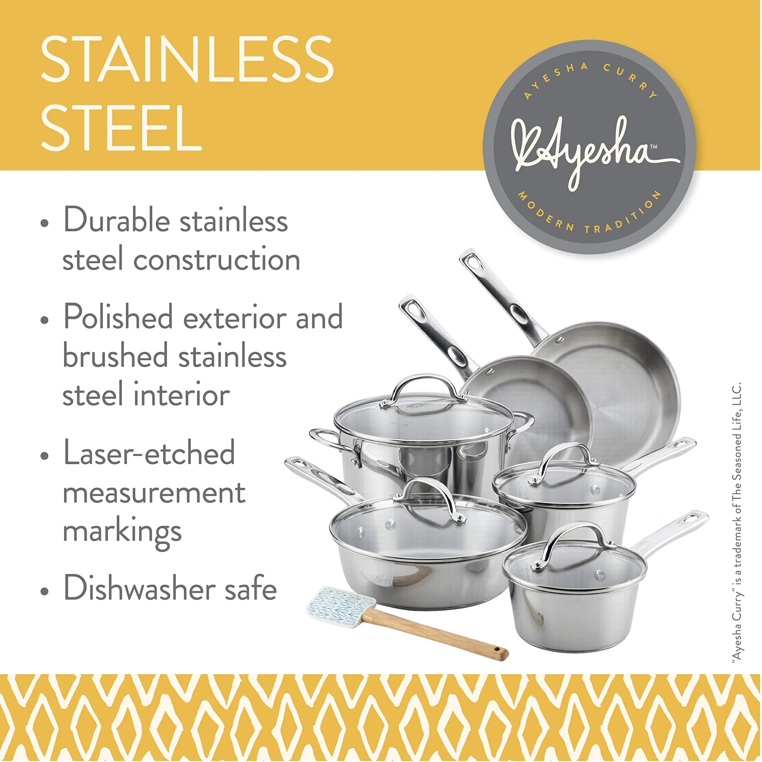 Ayesha Curry Home Collection Stainless Steel Cookware Pots and Pans Set, 9 Piece
