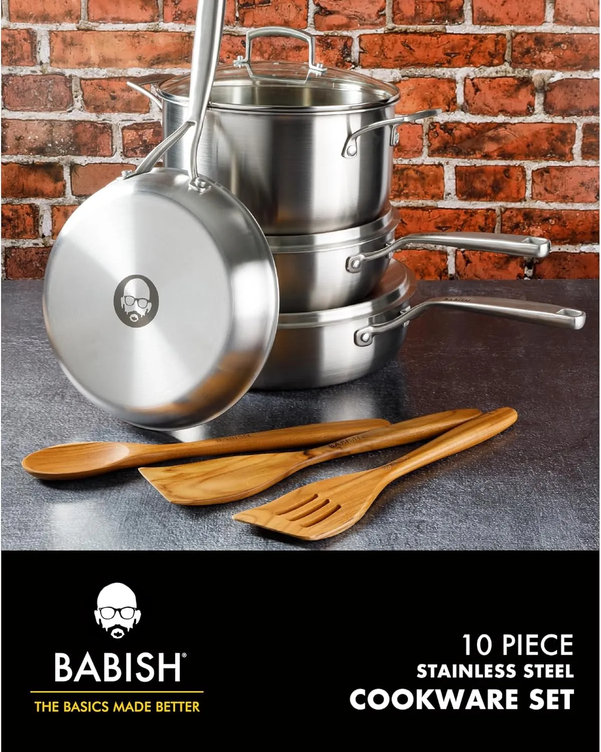 Babish 10 Piece Professional Tri Ply Non Toxic Pots and Pans Cookware Set