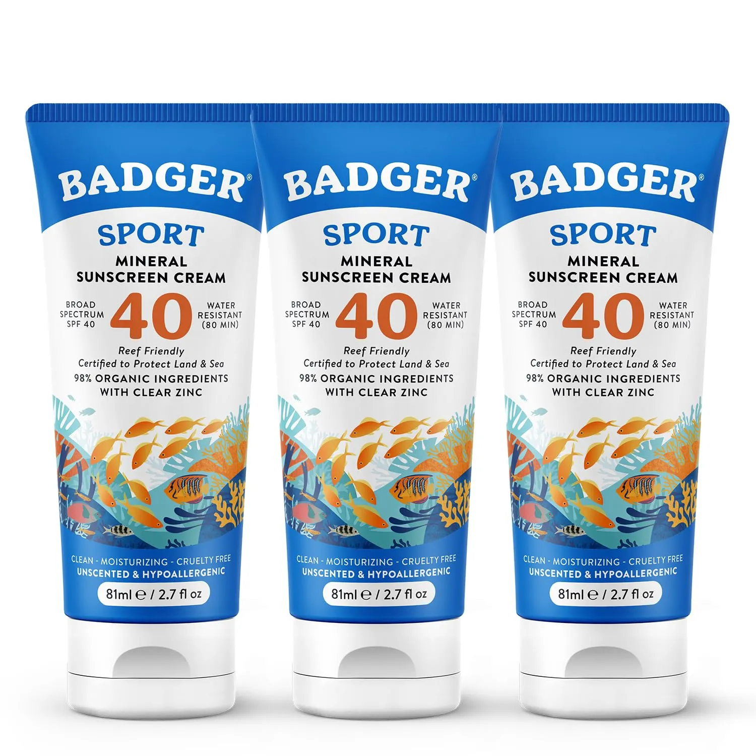 Badger Reef Safe Sunscreen, Unscented SPF 40 Sport Mineral Sunscreen, 98% Organic, Water Resistant Zinc, Approved for Hawaii & Mexico Reefs, 2.7 fl oz, 3-Pack