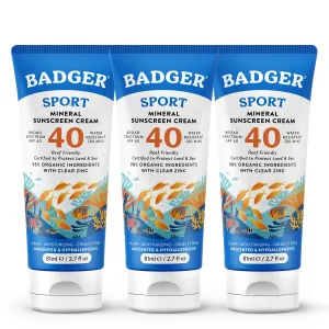 Badger Reef Safe Sunscreen, Unscented SPF 40 Sport Mineral Sunscreen, 98% Organic, Water Resistant Zinc, Approved for Hawaii & Mexico Reefs, 2.7 fl oz, 3-Pack