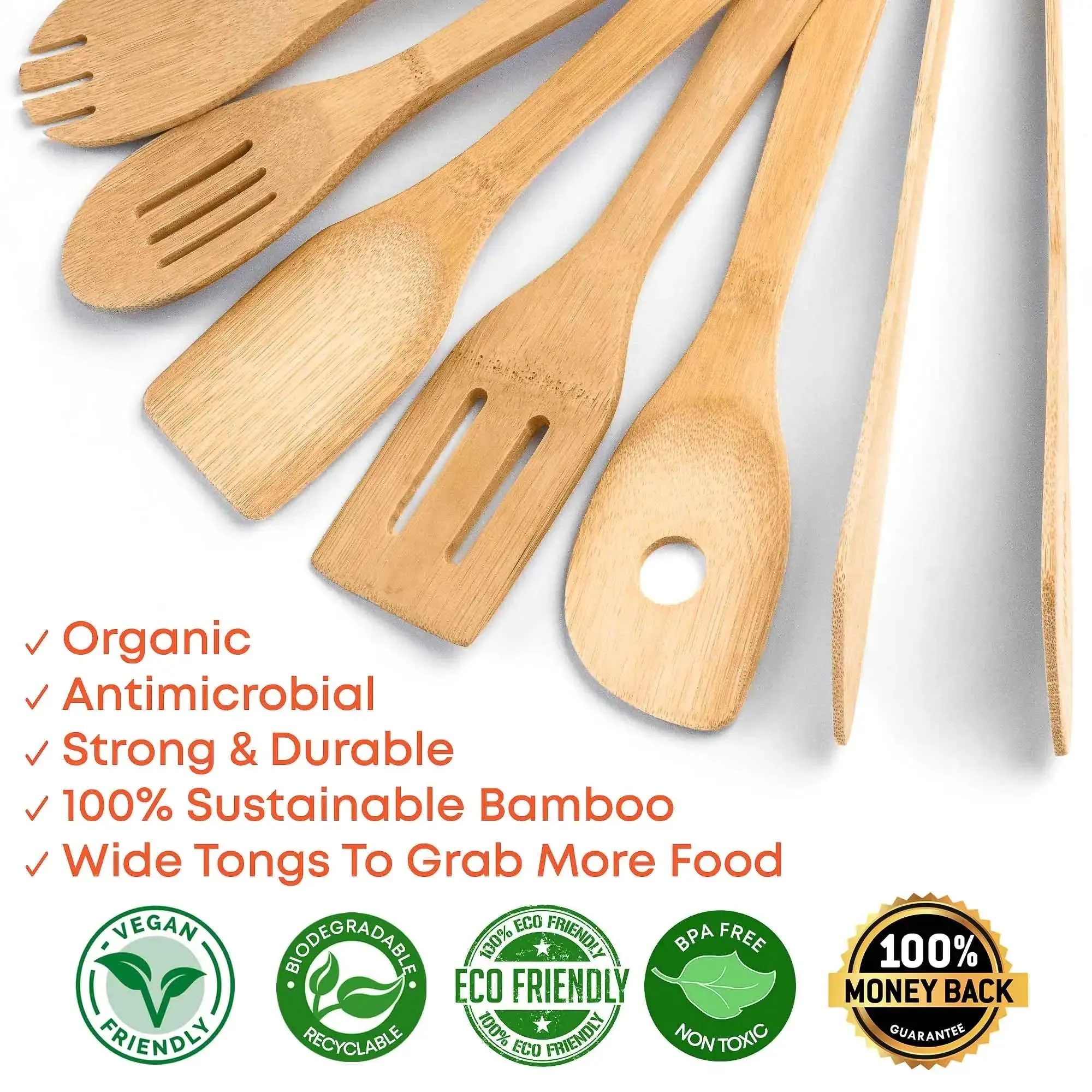 Bamboo Kitchen Utensils Set 8-Pack - Nonstick Wooden Cooking Tools